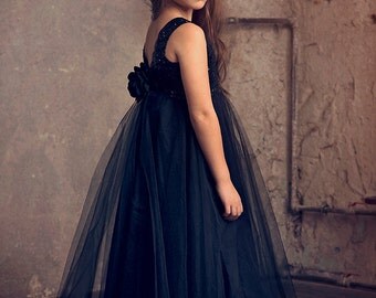 Black Sequin Flower Girl dress, Black Tulle Dress,Black Christmas Dress,Party Dress,Holiday Dress, Black Junior Bridesmaid