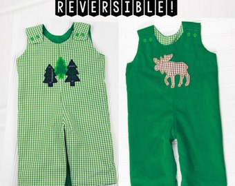 Winter Overalls for Boys - Reversible Baby Boy Outfit - Forest Trees Moose Applique - Gingham Green Romper for Toddler Boy - Corduroy Outfit