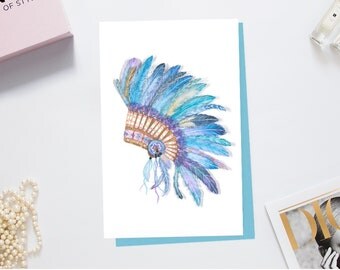 Native American Headdress Greeting Card Tribal Art Print Crystal Embellished Handcrafted Card Native American Art Boho Card Birthday Card