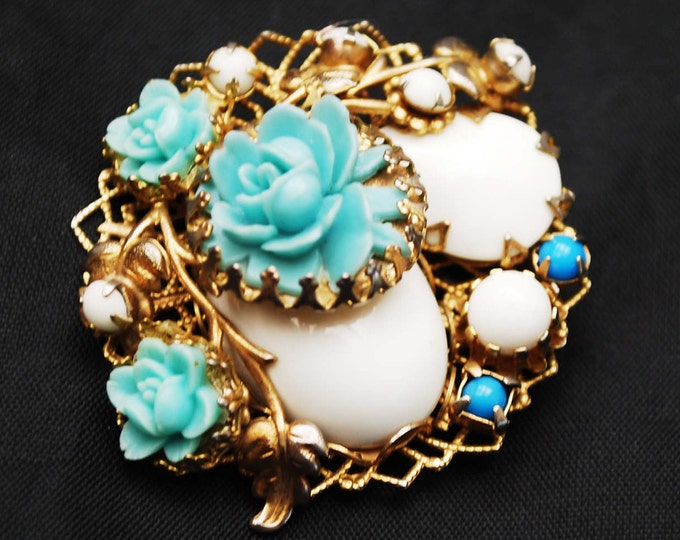 Blue Celluloid Flower brooch - White milk glass - Cluster cabochon pin - gold filigree floral pin