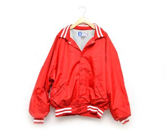 80s Red Bomber Jacket Men's XXL Snap Up Athletic Nylon
