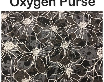 oxygen purse for 15.5 inch tank, pockets, wide padded strap, portable travel bag, tote, oxygen tank in black and white floral cotton fabric
