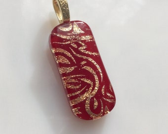 Dichroic Glass Pendant, Fused Glass Jewelry, Red Gold Dichroic Necklace