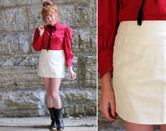 80s White Leather MINI SKIRT Vintage Wilsons Maxima Genuine LEATHER High Waisted Retro Rocker Woman Small Size Street Wear Urban Aline Skirt