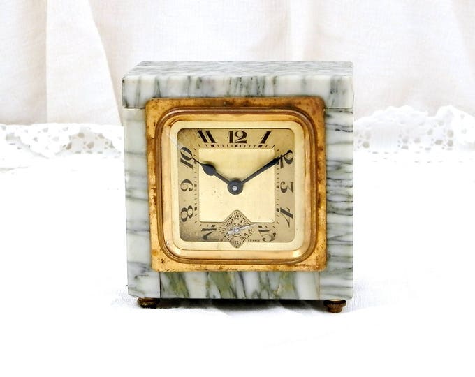 Working Vintage Art Deco Marble Stone Mechanical Bayard Alarm Clock, Green and White Veined Marble Wind-up Bedside Clock, Retro, Home