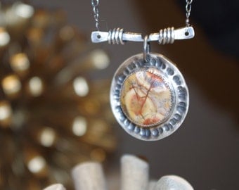 Bird's Eye Rhyolite Jasper and Sterling Silver Necklace; Metalwork; Handmade; Rustic