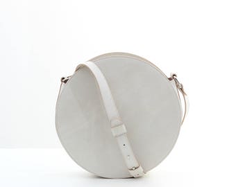 White leather circle bag, round bag, leather crossbody bag, cross body bag, white leather bag, leather shoulder bag, white bag FREE SHIPPING