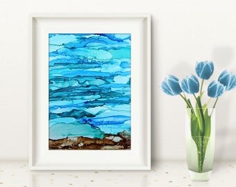 Original abstract painting blue and green ocean ink painting