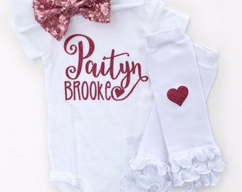 Baby Girl Personalized Outfit, Newborn Girl Outfit, Baby Shower Gift, Valentine Outfit Baby Girl, Ruffle Leg Warmers, Girl Glitter Outfit