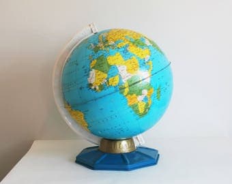 Vintage Tin Litho Globe, Student Map, J Chein, NJ, Metal 9 Inch World Capitals