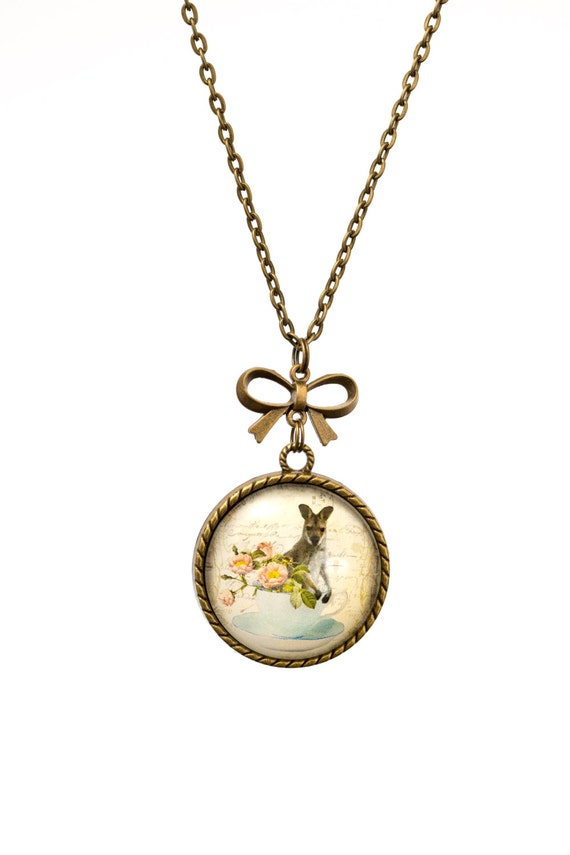 FREE SHIPPING - **NEW** Wallaby In A Teacup 30mm Bronze Lace & Bow Pendant Necklace - Unique - Vintage - Gorgeous Gift - Love