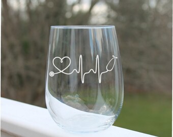 nurse wine glasses, wine glasses, ekg, nursing wine glass, wine glasses, heart beat, nursing wine glass, Etched wine glass, RN, Stethoscopes