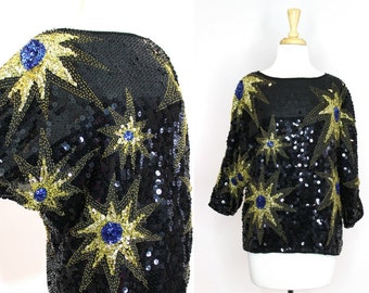 Vintage Sequin Blouse Starburst Gold