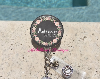 Retractable Badge Holder, Floral Chalkboard Personalized Badge Reel, Monogram Badge Reel, Nurse Badge Reel, Badge Holder, MB301
