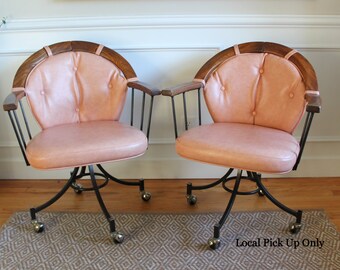 Pair of Mid Century Modern Pink Upholstered Rolling Swivel Armchairs Swedish