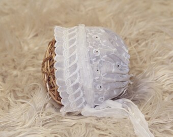 CLEARANCE - Vintage Inspired Baby Bonnet - NEWBORN - Vintage Eyelet, Newborn Baby Bonnet, Fabric Baby Bonnet, Baby Bonnet, Photo Prop