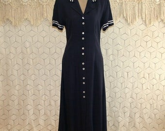 90s Navy Blue Sailor Dress Large Short Sleeve Button Up Casual Day Dress Tea Length Womens Dresses 1990s Vintage Clothing Womens Clothing