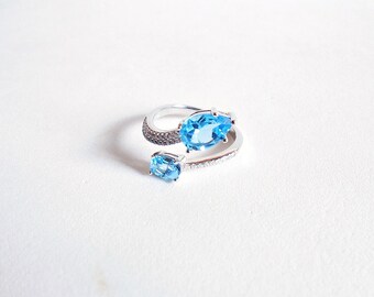 Bague En Topaze Bleue Biseautée - Argent Massif 925, Taille 59, Création Maison Made In France