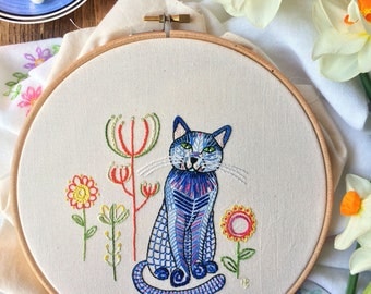 Embroidery kit, blue cat, embroidery pattern, embroidery designs, hand embroidery, sewing kit, cat, sewing gift, kitty, embroidery hoop art