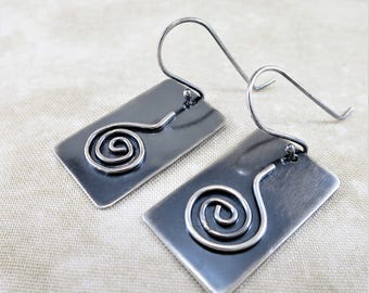 Silver Earrings ~ Geometric Earrings ~ Dangle Earrings ~ Spiral Earrings ~ Black Earrings ~ Minimalist Earrings ~ Rectangular Earrings
