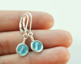 Blue sea glass earrings lever back earrings leverback sterling silver earrings sea glass jewelry light blue earrings wire wrapped earrings