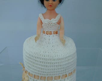 Vintage 60's Toilet Paper Doll Holder Cover with Knit Dress Brunette Doll Inside 9" tall
