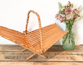 Vintage Mid Century Bamboo Folding Fruit Bowl, Retro, Basket, Kitsch, Boho, Tiki