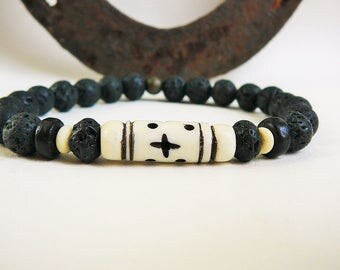 Men's Surfer Bracelet, Men's Bracelet, Men's Beach Bracelet, Bracelet For Men, Surfing Bracelet, Surf Jewelry, Carved Bone Black Lava Beaded