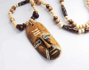African Bone Jewelry Mask Necklace Face Tribal African Jewellery Brown Carved Kenya Ethnic Mens Carved Jewelry Beaded The Blacker The Berry