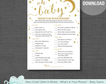 Stars Gold Glitter and White What's in Your Phone Baby Shower Game Printable, Moon, Twinkle Twinkle, Boy, Girl, Gender Reveal, Unisex, 2S