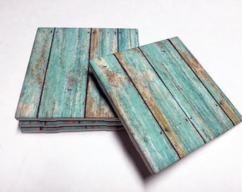 Turquoise Weathered Wood Coasters - Wood Design - Home Decor - Drink Coasters - Tile Coasters - Ceramic Coasters - Table Coasters
