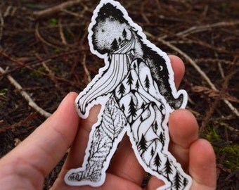 Sasquatch Bigfoot Sticker 4" Weatherproof and durable, Outdoor sticker, Forest Art, Ferns, Wildlife, Mountains, Moon , Trees