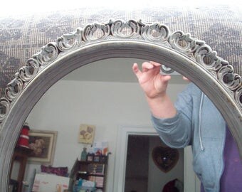 Large Wall mirror, Vintage Turner ornate oval bedroom mirror hand painted antique white, Shabby cottage chic nursery, Rustic wall decor