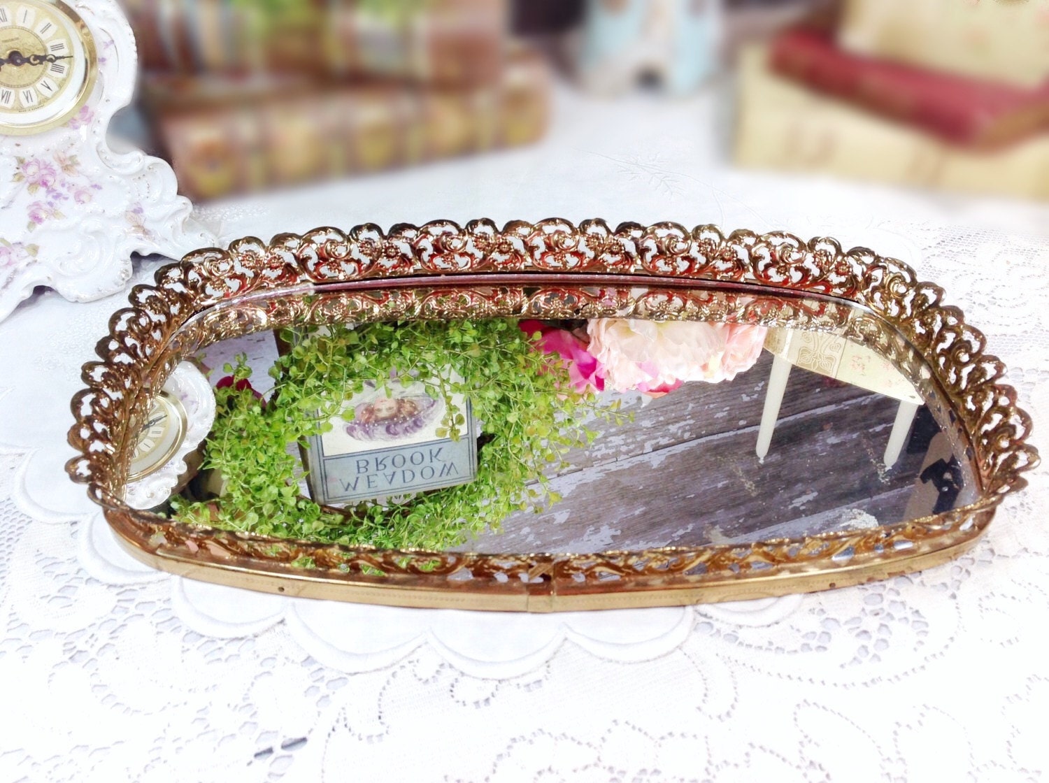 Gold Vanity Filigree Brass Mirror Tray Antique Dresser Gold Vanity Filigree Brass Mirror Tray Antique Dresser Boudoir Perfume Home Decor Photography Prop 372
