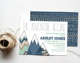 Adventure Baby Shower Invitation, Woodland Boy Mountains Invite Printable, The Adventure Begins, Tribal Camping Navy & Mint Adventure Awaits