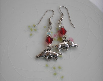 New! Razorback earrings with Swarovski crystals, Birthday, Chrstmas, WPS. Go Hogs!