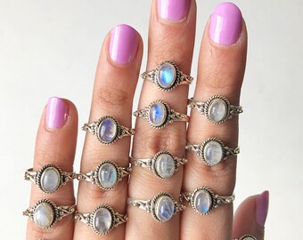 Cute Rainbow Moonstone 925 Silver Ring, Moonstone Stacking Ring, Cute Rainbow Moonstone Ring, silver dotted ring