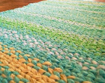 Twined Rag Rug Teal Blue and Yellow Rug 38 x 22inches