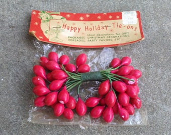 Happy Holiday Tie-ons Vintage floral stamen decoration for gift package Christmas corsages party favors Made Japan 1950's original packaging