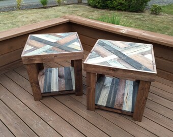 Rustic Herringbone Style Wood End Table