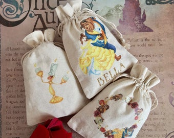 Personalized Beauty and the Beast Goodie Bag - Belle, Mrs. Potts, Chip, Cogsworth, Lumiere -Party Favor Drawstring Cotton Pouch. Custom made