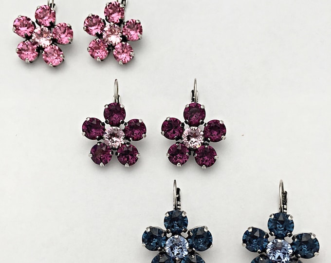 Shimmering flower rose pink Swarovski crystals dangle drop earrings. Valentines gift! Bridesmaids gift!