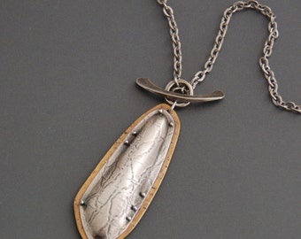 Silver pendant, mixed metal, brass, Cicada Wing, toggle clasp necklace