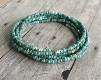 Turquoise Necklace or Multi Wrap Bracelet / Blue Green Seed Bead Bracelet / Tiny Bead Necklace / Custom Length Women's Jewelry