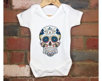 Sugar Skull Baby Bodysuits, Baby Sugar Skull Onesies, Baby Day of The Dead, Unisex Baby Clothes, Skull Baby Clothes, Tattoo Skull Clothing