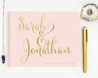 Real Gold Foil Wedding Guest Book landscape horizontal Gold foil Guest Books Custom Guestbook Modern Wedding Script Wedding - blush pink