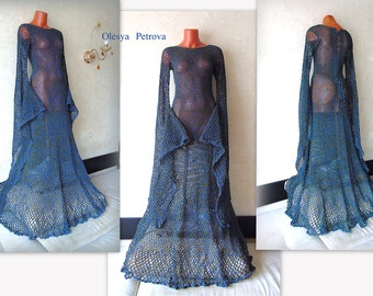 Medieval dress Elven Dress Dark Green long sleeved Woodland Fairy Dress Empire Fantasy Cosplay Costumes Celtic Gown Crochet Wedding dress