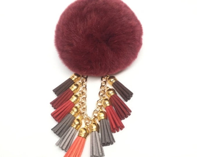 Semi-Annual Sale Fur Pom Pom "Burgundy Fringe" fluffyball pompon bag charm tassel keychain with tassel elements charms