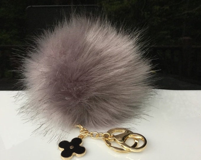NEW! Faux Fox Fur Pom Pom bag Keyring Hot Couture Novelty keychain pom pom fake fur ball gray