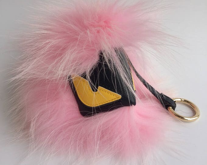 Baby Pink Face Monster Keychain Fur Pom Pom Chain Ball Bobble Key Ring Bag Pendant Charm with Strap and Metal Buckle - Real Fu